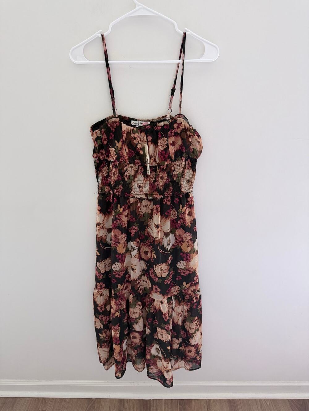 NWT Love Squad Brown Floral Smocked Midi Flowy Chiffon Elastic Dress-Size M
